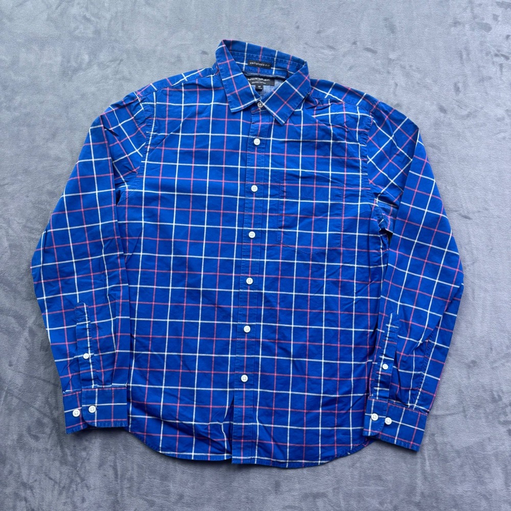 Banana Republic Mens M Untucked Fit Organic Cotton Blue Plaid Button Down Shirt